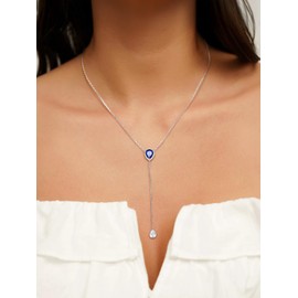 Silvora Necklace S925 Silver Y Chain with Birthstone Pendant Adjustable Teardrop Shaped Cubic Zirconia Birthstone Necklace Twelve Month Necklace Made of Synthetic Stone in Silver with 41 cm + 5 cm