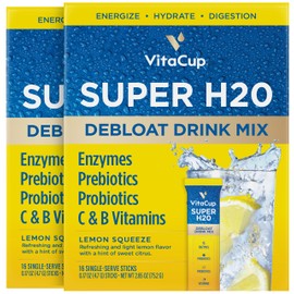 VitaCup Super H2O Bloating Relief and Digestive Health Drink Mix Packets, Probiotics, Prebiotics, C & B Vitamins, Lemon Flavor Water Enhancer Packets, 32 ct