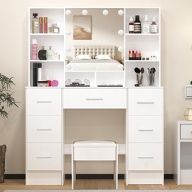 Large Makeup Vanity Desk, Vanity Table with LED Mirror Lights, 7 Drawers, 6 Open Shelves, White Makeup Vanity for Women and Girls, 100x140x40 cm Bedroom Table for Women and Girls