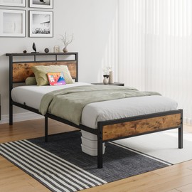 ZGEHCO Twin Bed Frame with Headboard Storage,Single Wood Bed Frame with Charging Station,Platform Bed Frames Twin Size Mattress Foundation No Box Spring Needed,Heavy Duty Steel Slat,Rustic Brown