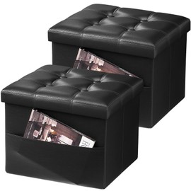 AmasSmile® 2PC Storage Ottoman Folding Foot Rest Stool with Side Pocket, 16 inch Leather Footstool Bench, Short Ottoman Bench, Storage Foot Rest Store, Books, Records Support 330 lbs,Black