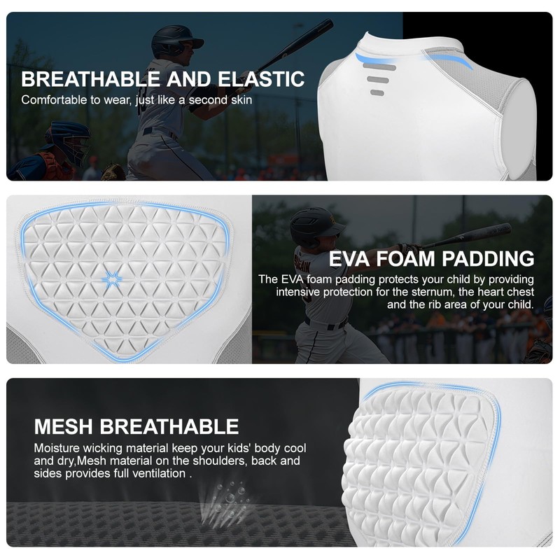 Youth Football Baseball Chest Protector, Padded Compression Shirt, Support Softball
