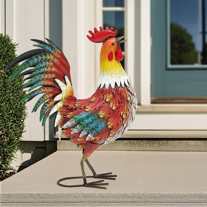 Autodaya 21" Metal Rooster Yard Decor, Outdoor Garden Statues, Metal