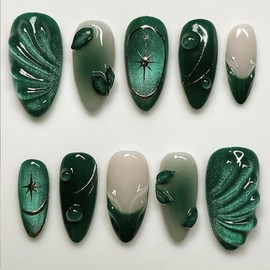Green Press on Nails Medium Almond Nail Tips Silver Star Fake Nails French Tip Glue on Nails Green Ripple False Nails 3D Leaf Acrylic Nails Full Cover Stick on Nails for Women Manicure Decor 24Pcs