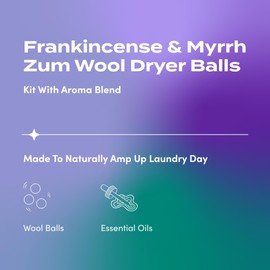 Zum Indigo Wild Laundry Dryer Balls Kit - Wool Laundry Balls for The Dryer - Essential Oil Spray - Reusable Drying Balls for Laundry - Frankincense & Myrrh - (3 Dryer Balls, 1 Aroma Blend)