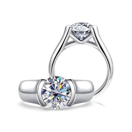 CannyCat 3 Carat Moissanite Half Bezel Set Promise Ring for Women Platinum Plated Silver D color VVS 9.5 mm Moissanite Diamond Tension Solitaire Engagement Band (6)