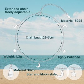 Kamise Silver Anklet for Women, 22+5cm Resizeable Chain Star Moon Anklet, 925 Sterling Silver Adjustable Anklet Bracelet for Lady, Summer Barefoot Beach Water Resistant Ankle Silver Bracelet Gift Box