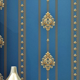 Q QIHANG 1.73' W x 32.8'L 3D Embossed Damask Printing Modern Minimalist European Style Bedroom TV Background Non-Woven Non-Pasted Wallpaper (B Blue)