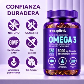 Omega 3 de Aceite de Salmón – 3000 mg por Porción con 540 mg de EPA y 360 mg de DHA + Vitamina E – Ácidos Grasos Omega 3 – Sin Gluten, Sin OGM – 120 C
