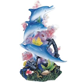 ICE ARMOR 9" H Blue Dolphins Swimming Around Pink Coral Statue Marine Life Decoration Figurine Office Desk/Home/Living Room/Table Decor, Perfect House Warming Gifts for New Home