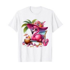 Flamingo Pink Palm Tree Tropical Beach Summer Vacation Women T-Shirt