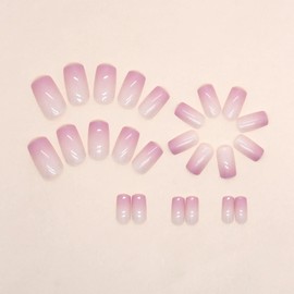 BABALAL Square Press on Nails Medium Fake Nails Purple Gradient Glue on Nails Glossy Acrylic Nails 24Pcs Squoval False Nails for Women and Girls