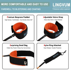 Surfboard Leash Premium Straight Surf Leash SUP Leg Rope 6/7/8/9 feet for Any Surfboards, Longboard, Paddleboard and Shortboard (Orange,9FT)