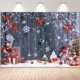 LIVUCEE 7X5FT Christmas Wood Wall Photography Banner Backdrop Winter Holiday Snowflake Xmas Tree Wood Floor Background Party Supplies Decor Photoshoot Studio Booth Props