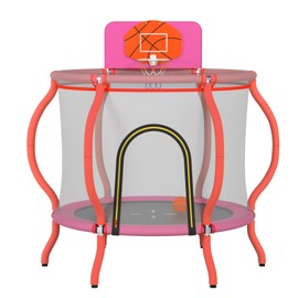 OLAKIDS 48’’ Trampoline for Kids, Outdoor Indoor Toddler Trampoline with Safety Enclosure Net Basketball Hoop Anti-Slip Foot Pads Zippered Door, Baby Recreational Trampolines Gift for Backyard