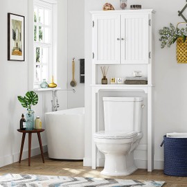 UTEX Over The Toilet Storage Cabinet, Over Toilet Bathroom Organizer with Adjustable Shelves and Double Doors, White