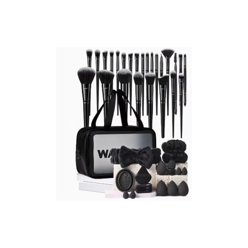 Set de 42 Brochas de Maquillaje Negro con Neceser, Esponjas,