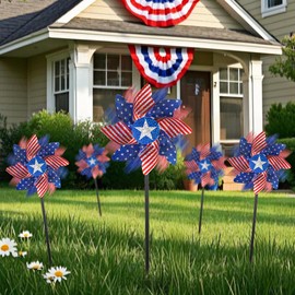 winemana 12 Pack 4th of July Patriotic Pinwheels for Yard & Garden – Reflective American Flag Wind Spinners, Outdoor Bird Deterrents Decorations for Independence Day & Memorial Day (Red White Blue)
