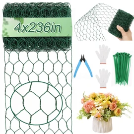 ROADPLUM 4 × 236 in Floral Wire Netting, Green Chicken Wire for Floral Arrangements, Galvanized Coated Chicken Mesh Netting with Plier & Plant Ties for Floral Supplies | Garden Fencing | DIY Craft