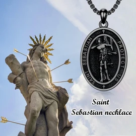 PELOVNY Black Saint Sebastian Necklace 925 Sterling Silver St Sebastian Medal Athletes Patron Protection Jewelry Christmas Birthday Gifts for Men Women