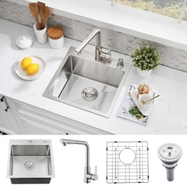 SOMRXO 15×15 Inch Drop-In Stainless Steel Bar Sink with Faucet Combo - Top Mount Single Bowl, Small Kitchen Sink for Bar Prep, RV, and Compact Spaces