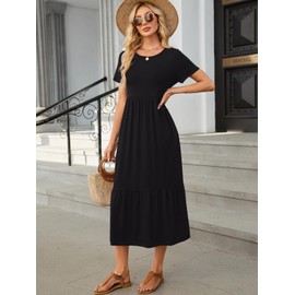 HUSKARY Women's Casual Dresses 2025 Summer Short Sleeve Crewneck Flowy Tiered Beach Causal Maxi Dress with Pockets Black