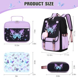 Bevalsa Kids Backpack for Girls with Bento Lunch Box Set, Purple Cute Bookbag Backpack for Girls Kids, 43oz Lunch Containers Lunchbox Bento Box, Lunch Bag, Pencil Case, Back To School Gift (Butterfly)