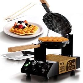 PYY Bubble Waffle Maker – 1500W Commercial Egg Puff Waffle Iron, 180° Rotating, Non-Stick Coating, Wooden Handle & Crumb Tray, Hong Kong Round Cones, Stainless Steel