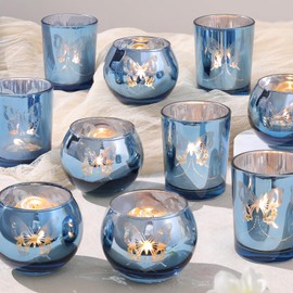Blue 12 PCS Combination Tea Lights Candle Holder Decorative with Butterfly Pattern, Votive Candle Holders for Wedding, Birthday, Anniversary, Parties, and Holiday Decorations