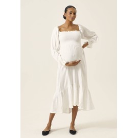 NOTHING FITS BUT Women’s Classic Nursing Cotton Yuki Dress, Muslin Yuki Maternity Gown, Casual Maternity Dress, White, White wear, M