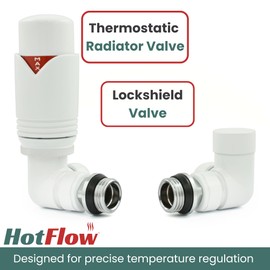 Hot Flow All White Marella 3 Modern Thermostatic Radiator Valve Corner TRV. Includes Corner TRV Body, Wheel Head & Lock Shield for Quick & Easy Temperature Control.
