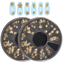 CRASPIRE 2 Boxes Ocean Nail Art Set 3D Charms 12 Styles Metal Alloy Gold Nail Charms Design Studs Gems Kit Summer Sea Turtles Marine Starfish Seashell Conch for Women DIY Craft Jewelry Decor Supplies