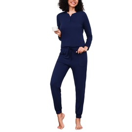 Bresdk Women's Long Pyjamas Cotton Elegant Sleepwear with Buttons, blue, M