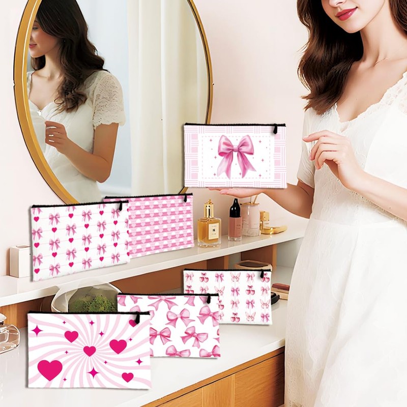 BEUNITONE Canvas Makeup Bags for Women, polychrome, Pink Girl Heart