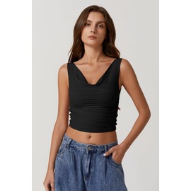 QINSEN Tank Tops for Women Cowl Neck Crop Top Ruched Side Camisole Shirts Black L