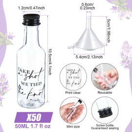 Bokon Mini Wedding Liquor Bottles Take a Shot We Tied The Knot Shot Glasses for Guests 1.7 Fl Oz/ 50 ml Plastic Reusable Empty Bottle with Cap Funnel Acrylic Shot Bottles for Bridal Party (50 Pcs)