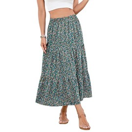NILOUFO Women Summer High Waist Elastic A-Line Maxi Skirt Flowy Tiered Pleated Beach Vacation Skirts with Pockets(Green Flo, Large)