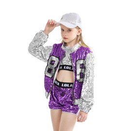 LOLANTA 4 Pieces Girls Hip Hop Dance Costume Kids Sequins Jazz Dance Clothing Set Socks Attached 4-15 Years, purple