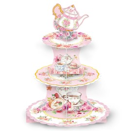 3-Tier Floral Cupcake Stand Cartoon, Afternoon Tea Party Theme with Sturdy Cardboard, Flower Cupcake Stand Decorations for Baby Showers, Weddings, Birthdays & Tea Party Decor