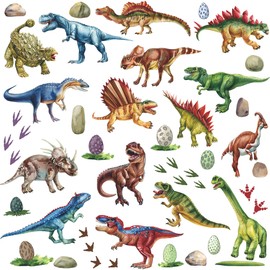 8 Sheets Watercolor Dinosaur Wall Stickers - 9.8x13.8 Inch Removable Jurassic Dinosaur Wall Decals with Footprints & Eggs - DIY Kids Room Baby Bedroom Decor for Boys Girls Classroom Nursery (B)