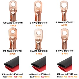 Copper Lugs kit 1/0 Gauge 2 Gauge 6 Gauge Battery Cable Lugs 5/16" and 3/8" Stud Ring Terminals Heavy Duty 0 2 6 AWG Wire Lugs 28 Pcs Battery Cable Ends Wire Connectors with 28 Pcs Heat Shrink Tubing