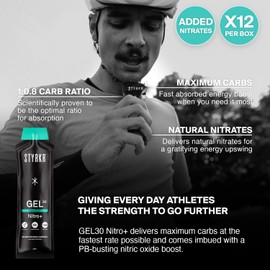 GEL30 Nitro+ Energy Gels with Nitrates by Styrkr - 30g of Carbs - Pack of 12 Running & Cycling Gels with 350mg of Nitrates - For Endurance Athletes - Advanced Dual-Carb Formula - GEL30 Nitro+ 12x Pack
