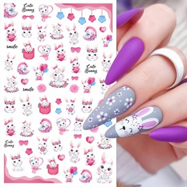 6Pcs Easter Nail Art Stickers Cute Cartoon Bunny Nail Decals 3D Self Adhesive Lovely Rabbits Nail Decor Pink Heart Floral Bunny Design Nail Supplies for Women Girls DIY Easter Nail Accessories