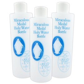 Large Miraculous Medal Holy Water Bottle with Screw Top Lid and Spouting Nossel, Catholic Church Essentials and Religious Gifts, 8 Ounces, (Pack of 3)