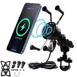 ANKBOY ANKBOY 15W Fast Charging Adapter, Wireless Qi Motorcycle Phone Holder with 4 Jaw Mechanical Locking, 360 Rotating Aluminum Alloy, Compatible with 3-7 inch Smartphones