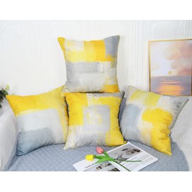 QUALKNOY Set of 4 Cushion Covers 16"x16" Yellow and Grey Linen Modern Abstract Art Decorative Throw Pillow cases 40 x 40cm for Living Room Outdoor Décor