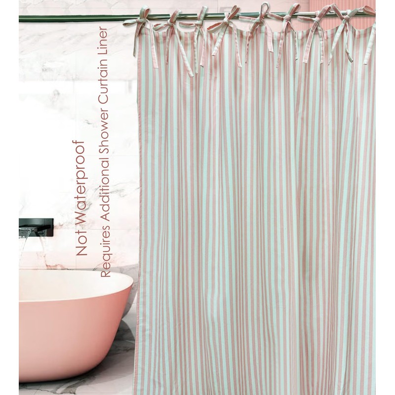 Pink Striped Shower Curtain Hookless Linen Blend Washable for Bathrooms