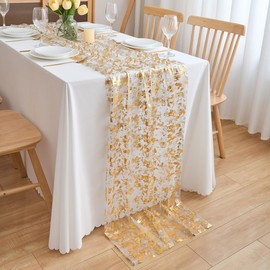 CHUQING Table Runner Gold Table Decoration Birthday Table Runner Wedding Vintage Golden Chiffon Transparent Glitter Table Runner 70 cm x 3 m