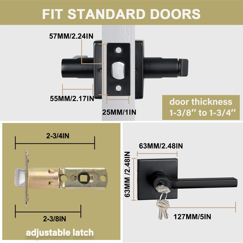 HISAFE Heavy Duty Keyed Entry Door Lever, Matte Black Square
