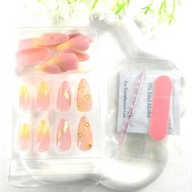 Almond Press on Nails Medium Fake Nails with Yellow Flower Rhinestones Glitter Design Gradient Glue on Nails Pink Nails Press ons Medium Almond Artificial Stick on Nail for Women 24Pcs